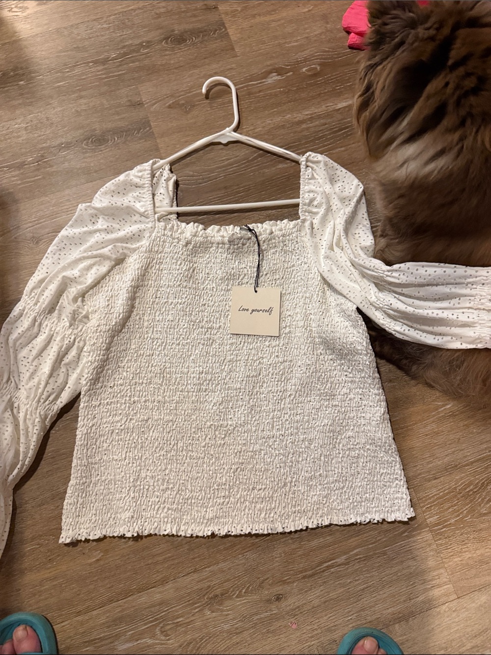 Woman’s Size Smocked Square-Neck White Blouse with Eyelet Puff Sleeves